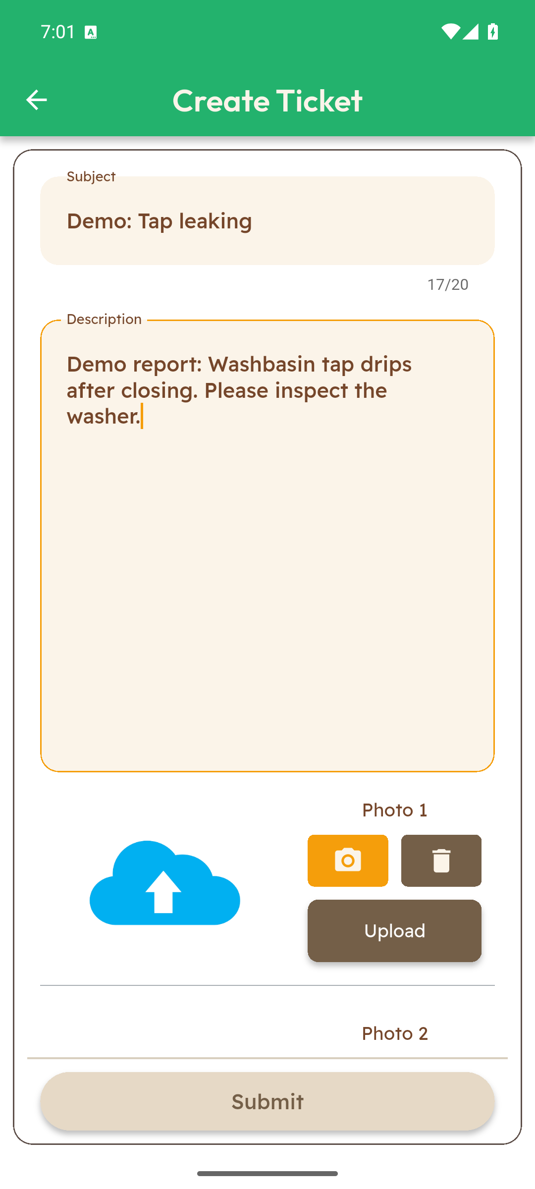 LooCafe maintenance report form with a leaking-tap demonstration entry
