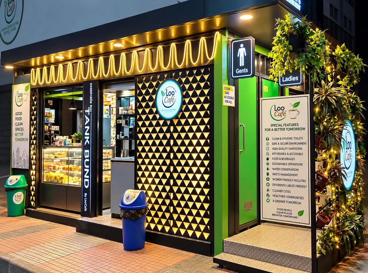Night frontage of the LooCafe unit at Tank Bund.