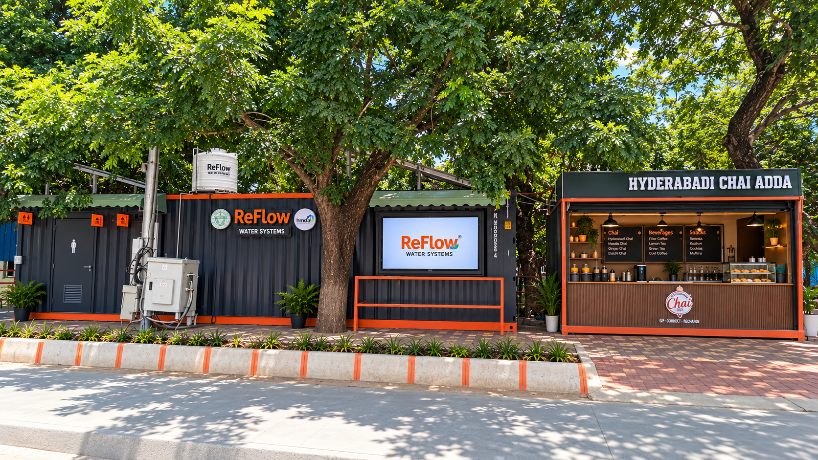 ReFlow unit beside the chai kiosk at Lumbini Park, Hyderabad